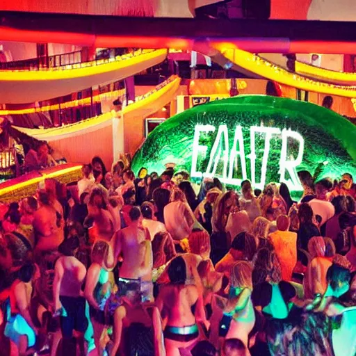 Image similar to a photo of a nightclub. fat men in swimsuits and giant fruit and vegetables all over the floor.