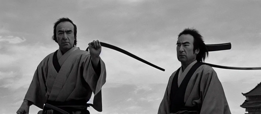 Prompt: A still of Saul Goodman as a samurai in an Akira Kurosawa film, black and white, epic