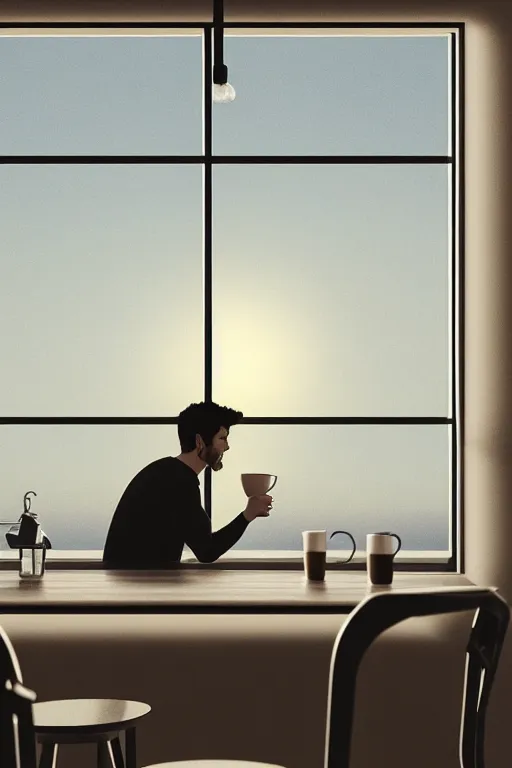 Image similar to a man sitting on a café table mext to a window and holding a cup of coffee at sunset, Pixar style, black hair, 4K, cartoon, concept art, octane render, unreal engine 5, path tracing, complementary colours, serene scene, warm, cute, natural lighting, high quality, highly detailed, high coherence, defined face, five fingers, anatomically correct, soft lighting, close view, digital art, trending on DeviantArt