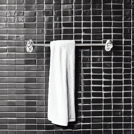 Image similar to a single bathrobe belt on a metal towel rack, tile wall