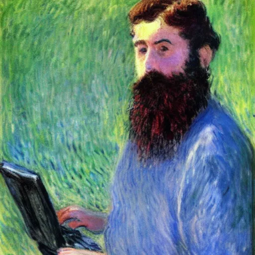 Prompt: monet painting of a bearded man with short hair, he is holding a soccer ball and a computer, highly detailed, realistic,