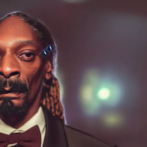 Image similar to snoop dogg as a young man with a beard in a dark blue trenchcoat with an orange bowtie as the new doctor who, cinematic, volumetric lighting, f 8 aperture, cinematic eastman 5 3 8 4 film, photorealistic