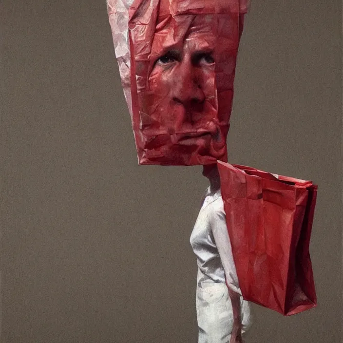 Image similar to melting portrait with a white paper bag over the head, dressed in red paper bags, holding stack of green paper bags, highly detailed, artstation, art by edward hopper, zdislav beksinski, wayne barlowe, edward hopper