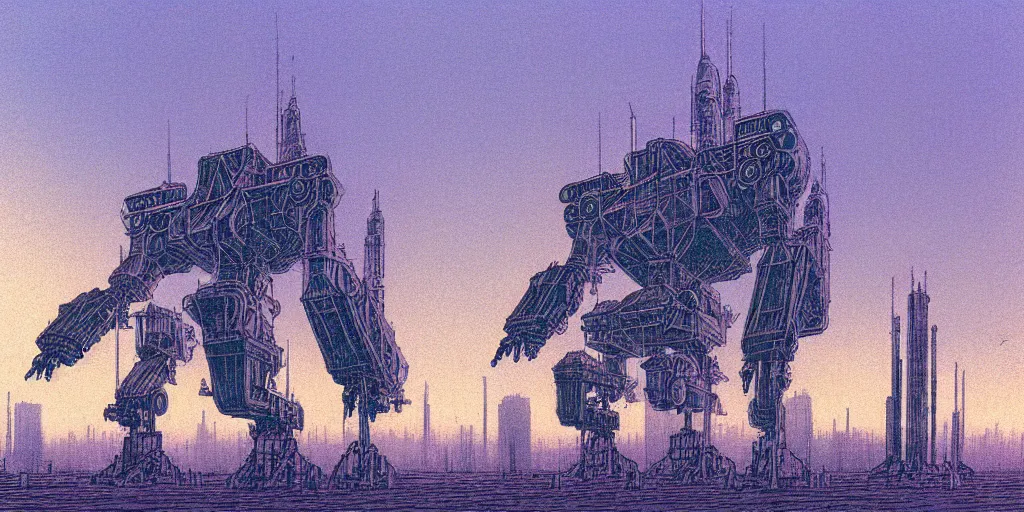 Image similar to grainy risograph matte painting of gigantic huge mech covered with rocket launchers, gattaca, pastel matte colors, staying in the foggy huge parking station, by moebius, hyperrealism, intricate detailed