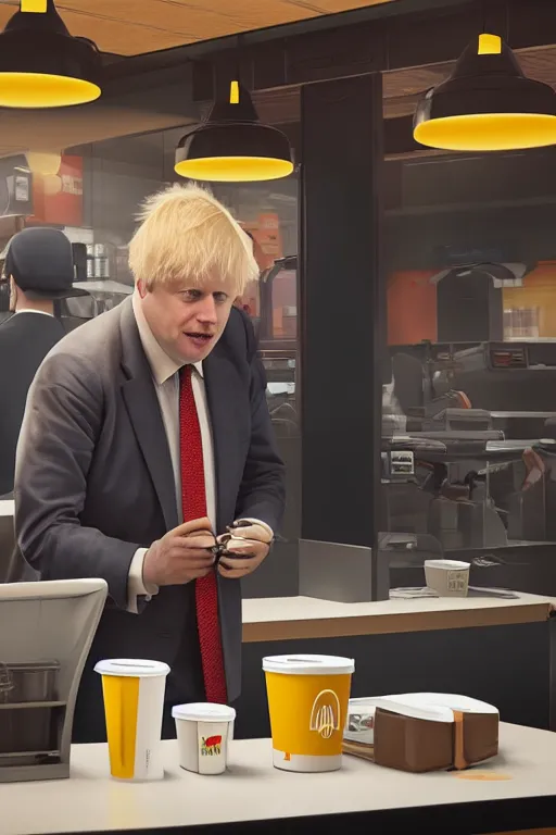 Image similar to intricate color photo of boris johnson, working in mcdonalds serving a customer, 8 k octane beautifully detailed render