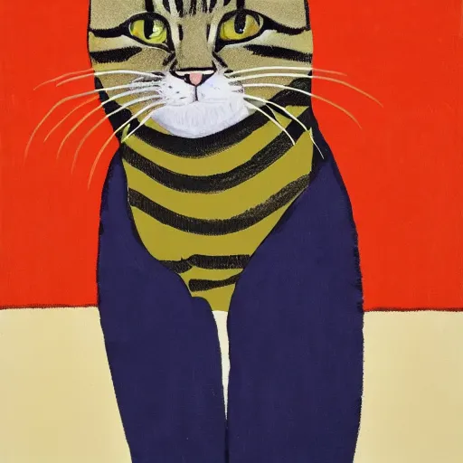 Prompt: A tabby cat wearing clothes designed by Issey Miyake painted by Alex Katz