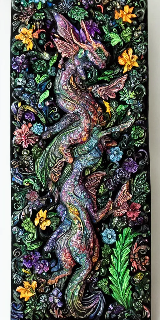 Prompt: intricate colourfully painted carved Soapstone relief paneling of a fairy dragon, faerie, iridescent, back black paper, gemstones, crystals, crystal clusters, metallic colors, glass, mythical, vibrant vegetation, trees, flowers, colorful vines, dream atmosphere, radiant colors, Ghostly, Holy, ornate, mystical, fantasy, crystaline celtic, insanly detailed , trending on artstation, wallpaper, hyper realistic, realistic lighting, ambient occlusion, 8k, unreal engine, octane render, HDR, HD, award winning, featured, VFX, CGI, matching colors, color theory