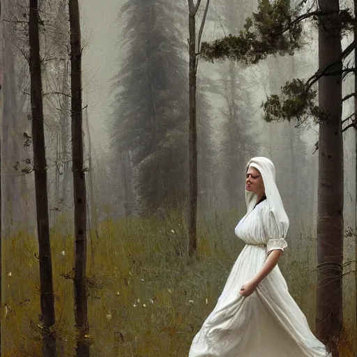 Image similar to woman with dark long hair in white dress, walking through aspen forest, jeremy lipking, joseph todorovitch