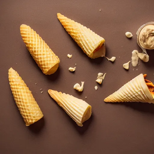 Image similar to ice cream cones and french fries, food photography, studio lighting