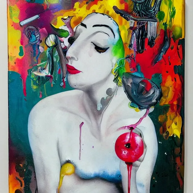 Image similar to “ surrealism, a portrait in a female art student ’ s apartment, mushrooms, sensual, art supplies, a candle dripping white wax, berry juice drips, acrylic and spray paint and oilstick on canvas, neoexpressionism ”