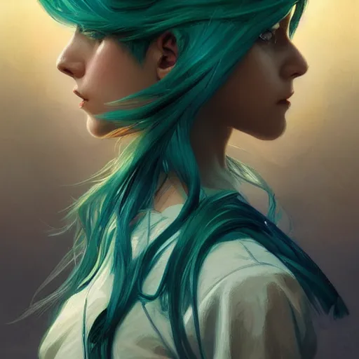 Prompt: teen, boys, twins, azure hair, malachite hair, short hair, elegant, intricate, artstation, digital painting, highly detailed, sharp focus, by artgerm and greg rutkowski and alphonse mucha