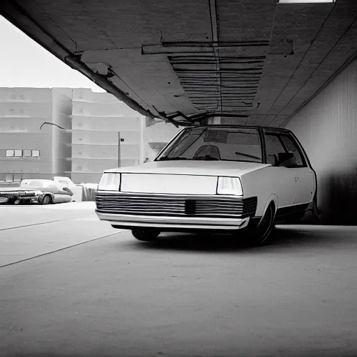 Image similar to 1975 hatchback, inside of an badly lit 1970s parking garage, ektachrome photograph, volumetric lighting, f8 aperture, cinematic Eastman 5384 film