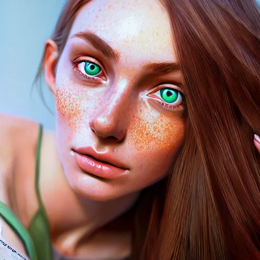 Image similar to intricate portrait of a cute thin young woman, light bronze brown hair, very detailed vivid green eyes, red blush, light freckles, soft smile, casual clothes, relaxing on the couch, home interior, golden hour, close up shot, 8 k, art by irakli nadar, hyperrealism, hyperdetailed, ultra realistic