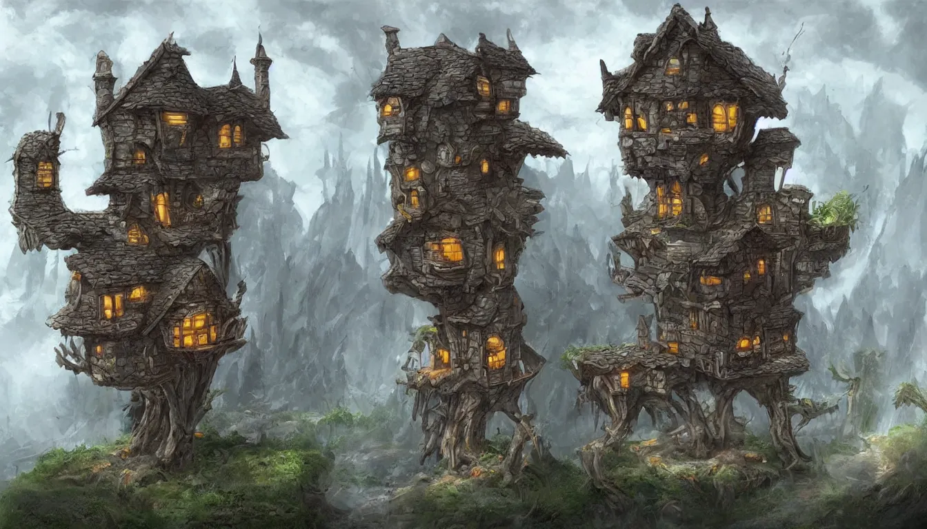 Image similar to Fantasy concept art of a house on chicken legs.