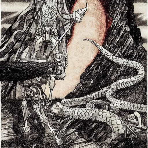 Prompt: A beautiful mixed media art of a horned, red-eyed, skeleton-like creature, with a long black cape, and a staff with a snake wrapped around it, standing in front of a castle atop a cliff. in the USA, Ancient Roman by Charles Robinson, by Terada Katsuya mood, delicate