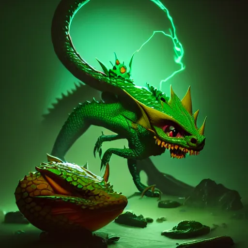 Prompt: small poisonous green dragon crawls out of a broken big egg, peter mohrbacher style, ray tracing, cinematic, digital art, realistic, octane render