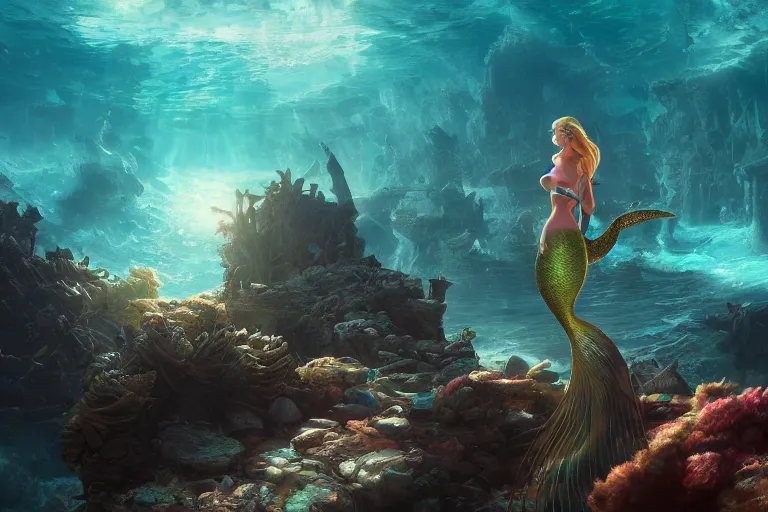 a beautiful mermaid looking at the sunken city of | Stable Diffusion |  OpenArt