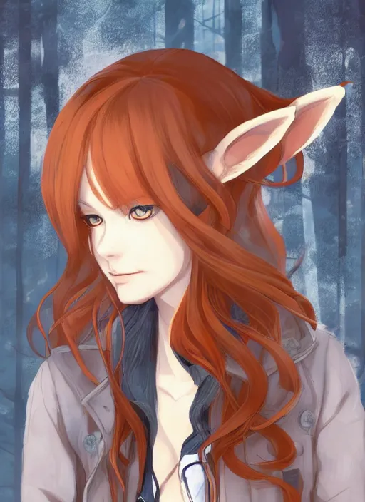 Image similar to girl with fox ears, long wavy orange hair, light brown trenchcoat, forest background, focus on face, pretty, moody lighting, painterly, illustration by shigenori soejima