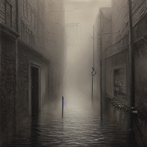 Image similar to flooded overgrown victorian london alley, highly detailed, eldritch, ominous, dawn, chilly dark mood, by rutkowski and beksinski