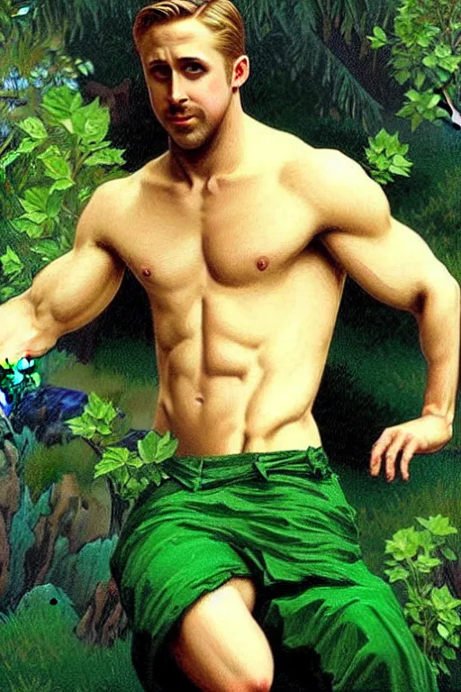 Image similar to Ryan Gosling wearing green clothes, muscular, fantasy, painting by greg rutkowski and alphonse mucha