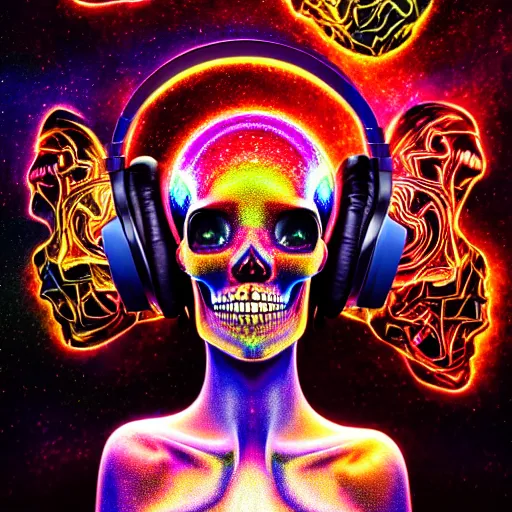 Image similar to portrait of a fantasycore glitchcore deformed skull wearing headphones. intricate abstract. intricate artwork. celestial. prismatic, by josephine wall, pixar, ghibli. octane render, CGSociety very coherent symmetrical artwork. cinematic, hyper realism, high detail, octane render, 8k, holographic accents