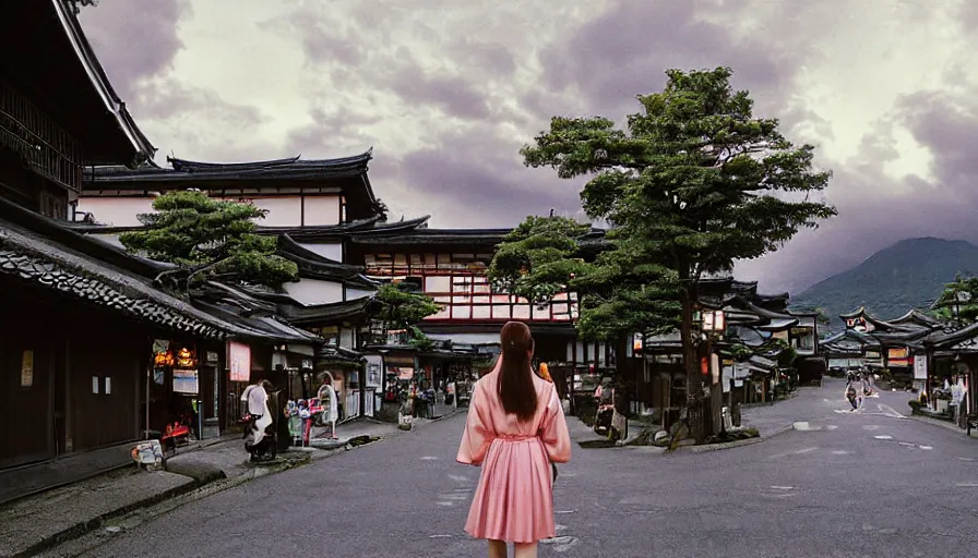 Image similar to 1 9 9 0 s candid 3 5 mm photo of a beautiful day in the a dreamy street in takayama japan mixed with details from tokyo and paris, cinematic lighting, cinematic look, golden hour, the clouds are epic and colorful with cinematic rays of light, a girl walks down the center of the street in a gucci dress, photographed by petra collins, uhd