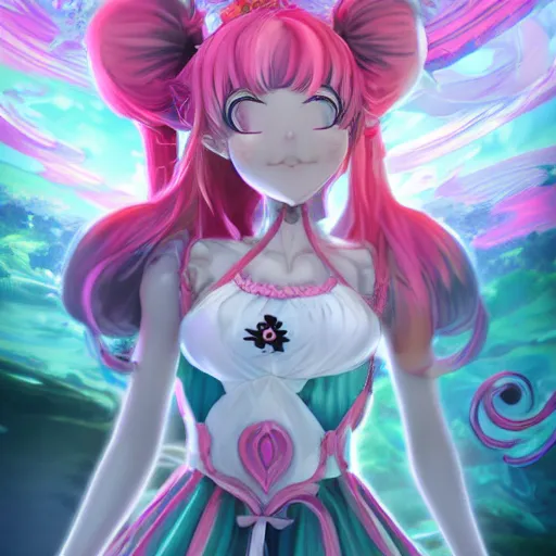 Image similar to stunningly beautilful omnipotent megalomaniacal anime asi goddess who looks like junko enoshima with symmetrical perfect face and porcelain skin, pink twintail hair and cyan eyes, taking control while smiling inside her surreal vr castle, hyperdetailed, digital art, unreal engine 5, 2 d anime style, 8 k