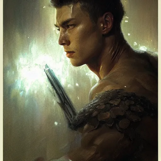 Prompt: handsome portrait of a young guy fitness posing, war hero, radiant light, caustics, translucent rainfall, berserk, by gaston bussiere, bayard wu, greg rutkowski, giger, maxim verehin