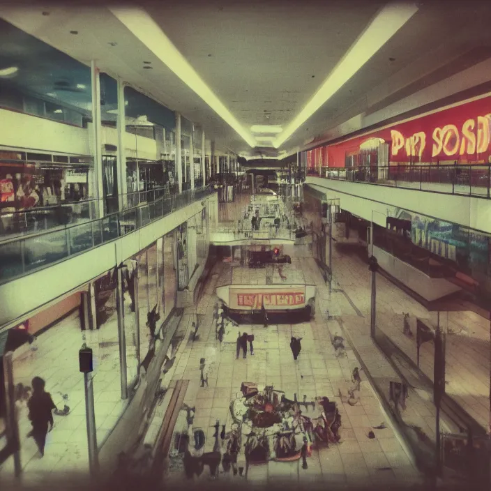 Image similar to unsettling polaroid of a retro mall, deep depth of field. highly detailed, hyper realism, hd, 4 k