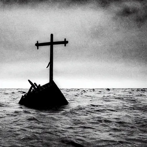 Image similar to stranded ship, hands reaching up from the sea, creepy, deep blue sea, dread