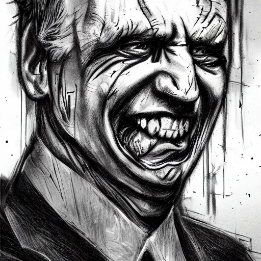 Image similar to grunge, aggressive sketch, messy lines, dark strokes, drawing of demonic joe biden as a caricature in the style of Jacob Shaw,creepy, surreal, trending on artstation