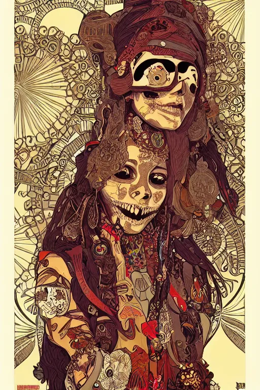 Prompt: beautiful skull portrait girl female illustration detailed patterns art of jawa traditional dress, pop art, splash painting, art by geof darrow, ashley wood, alphonse mucha, makoto shinkai