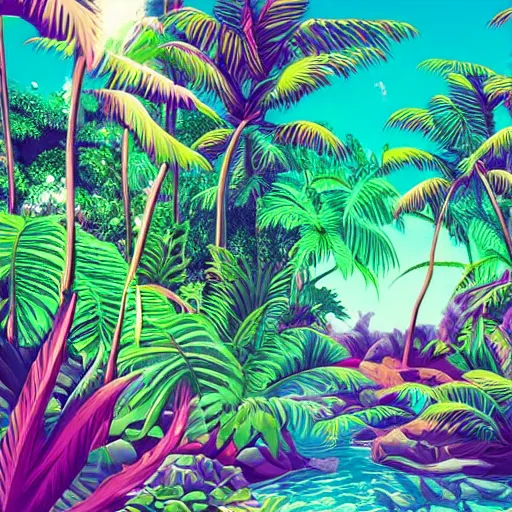 Image similar to vaporwave jungle on nebula beach