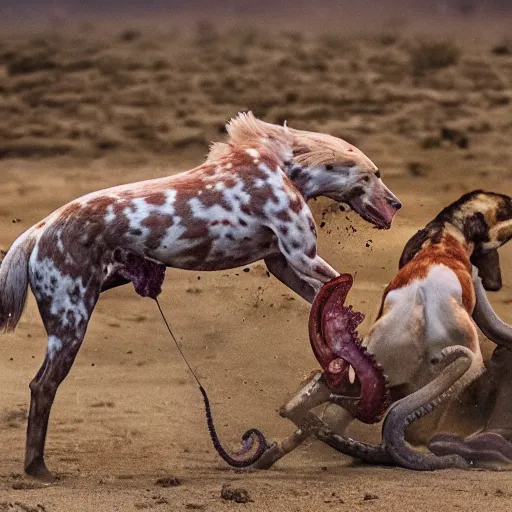 Image similar to National Geographic photo of horse full of octopus being eaten by African hunting dogs