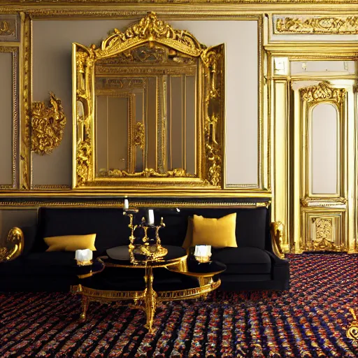 Image similar to parisian interior, dark walls, gold accents, interior design, thick carpet, hyperrealistic, hyperdetailed, super detailed, uhd, uhd, 8 k, high resolution,