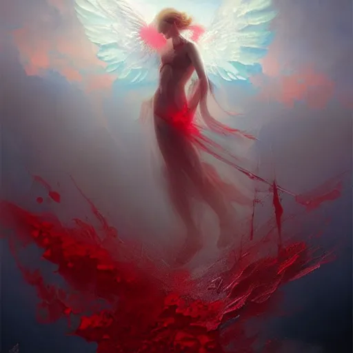 Prompt: a fallen angel in red fluid simulation, painting by ross tran and ivan aivazovsky
