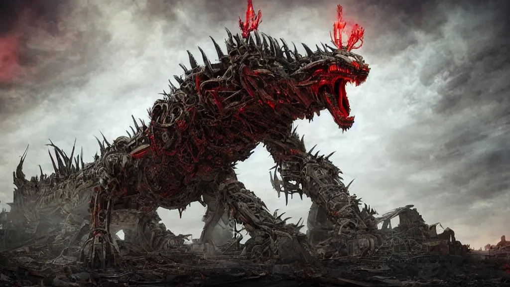 Prompt: high quality art of a giant mechanized dragon in an apocalyptic future, made of plates and armor throughout the body, having 4 limbs and 4 talons on each foot, and glowing fiery red eyes, climbing over a destroyed building in a hazy radioactive atmosphere, roaring with an epic pose into the air as the building crumbles under the weight, showing lots of sharp teeth. furaffinity, deviantart, artstation, high quality