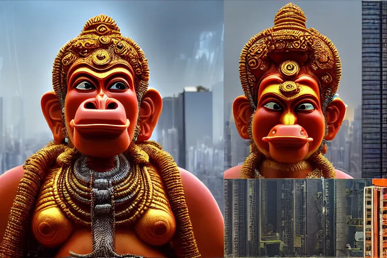 Image similar to high quality 3 d cyberpunk biomorphic hanuman! head building in the middle of mumbai!!, kalighat highly detailed, cinematic smooth, stephen shore & john j. park, soft morning light, wide shot, high angle, uhd 8 k, deep focus