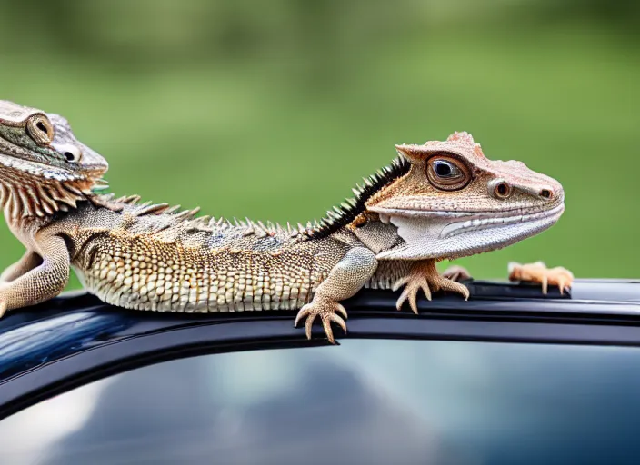 Image similar to dslr portrait still of a bearded dragon driving a little toy car, 8 k 8 5 mm f 1. 4
