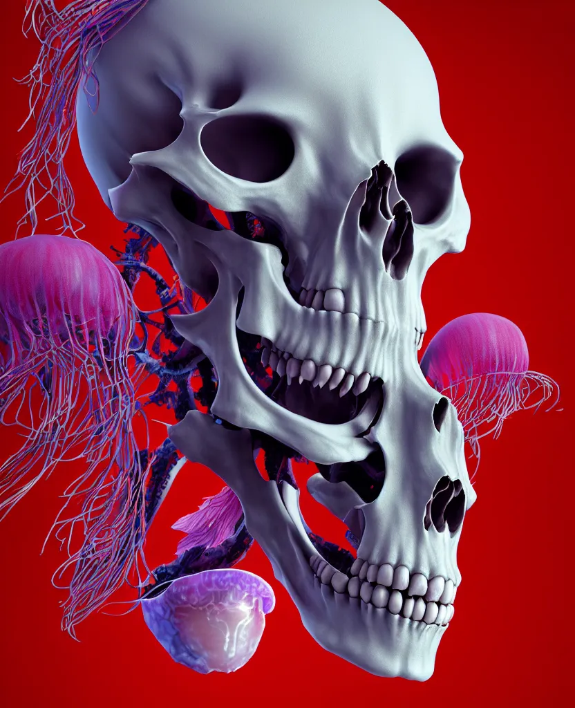 Image similar to absolute symmetry!! goddess close - up portrait human skeleton, ram skull, squid phoenix jellyfish, orchid, betta fish, bioluminiscent, intricate artwork by tooth wu and wlop and beeple. octane render, trending on artstation, greg rutkowski very coherent symmetrical artwork. cinematic, hyper realism, high detail, octane render, 8 k