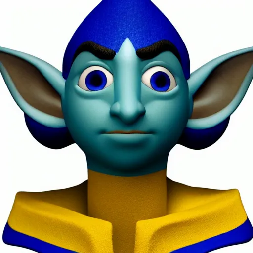 Prompt: Bust of a blue skinned male elf with yellow eyes, forwards facing, Pixar, high resolution, cute