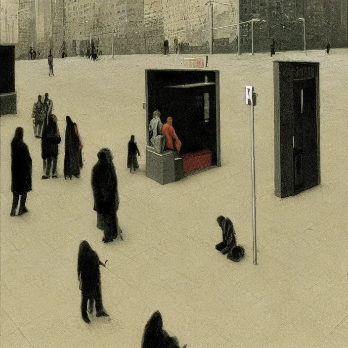 Image similar to fisheye lens, people waiting in the bus stop at dark city night, highly detailed, artstation, art by zdislav beksinski, wayne barlowe, edward hopper
