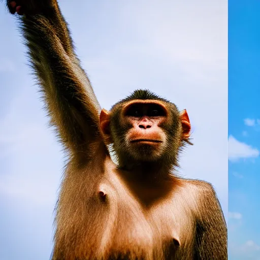 Image similar to high quality portrait of a monkey in front of Christ The Redeemer, studio photograph, photograph, realistic photo, 8k photo, 4k photo, stock photo, high resolution, cinematic shot, high detail