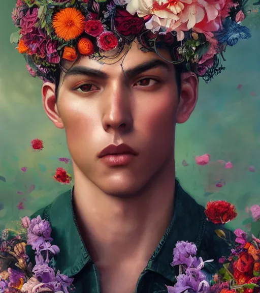 Image similar to portrait of a very handsome peruvian male model, surrounded by flowers by karol bak, james jean, tom bagshaw, rococo, trending on artstation, cinematic lighting, hyper realism, octane render, 8 k, hyper detailed.