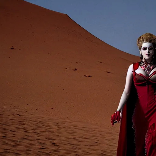 Prompt: An alluring vampire queen wearing a red pendant walks out of a tomb in the Sahara