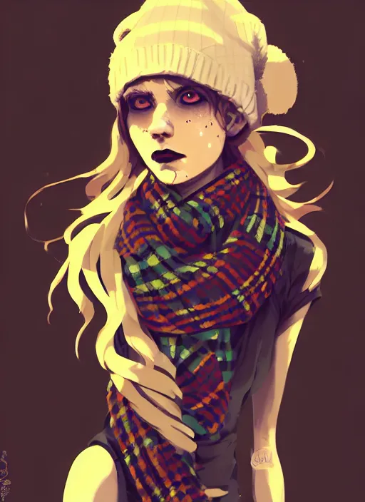 Image similar to highly detailed portrait of a sewer punk lady student, beanie, tartan scarf, wavy blonde hair by atey ghailan, by greg rutkowski, by greg tocchini, by james gilleard, by joe fenton, by kaethe butcher, gradient, orange, black, brown and cream color scheme, grunge aesthetic!!! white graffiti tag wall background