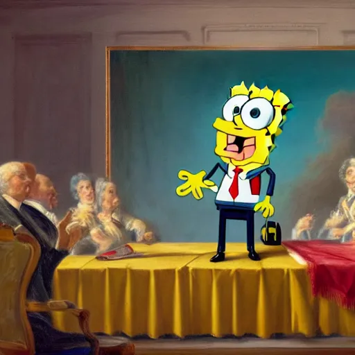 Image similar to spongebob inaugurated as the president, john trumbull painting, trending on artstation, 4 k quality