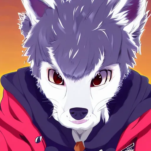 Image similar to key anime visual portrait of an anthropomorphic anthro wolf fursona, in a jacket, with handsome eyes, official modern anime art