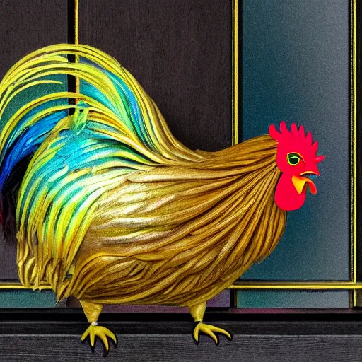 Image similar to 'a painted Easter egg that is imagining becoming a chicken as imagined by a iridescent rooster as imagined by a cat that is laying half asleep on the windowsill as the mentally ill geek girl reads the cat's thoughts concerning the iridescent rooster is imagining a beautiful painted Easter egg that is imagining turning into a chicken.' 3D render at 16K resolution. epically surreally epic image. rendering amazing detail. vivid clarity. ultra shadowing. mind-blowing quality.