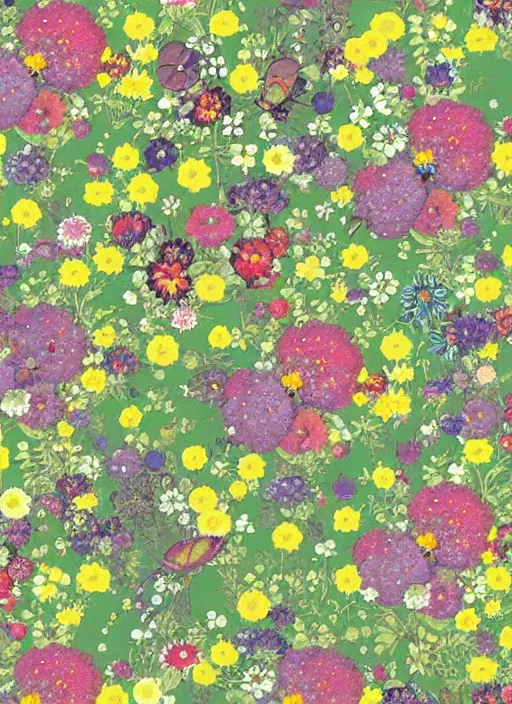 Prompt: multiverse of flowers, garden flowers pattern!!!, berries!!, dragonflies | illustrated by satoshi kon and greg rutkowski, 7 0's vintage sci - fi design